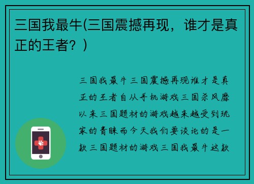 三国我最牛(三国震撼再现，谁才是真正的王者？)
